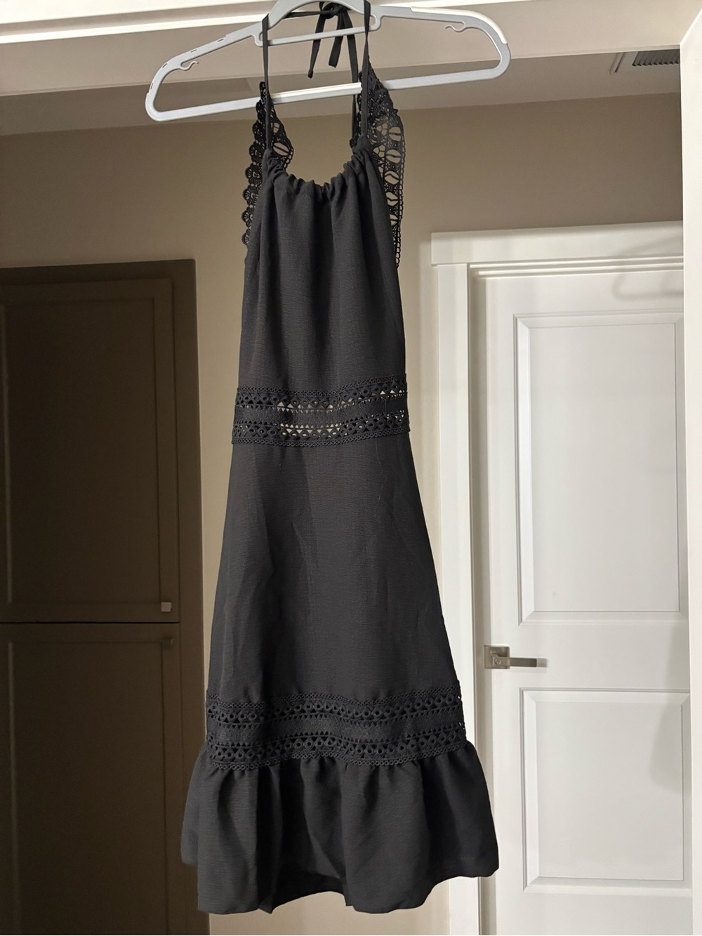 SHEIN Black Crochet-Trim Halter Mini Dress